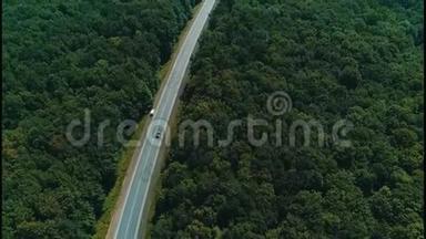 空中跟随视频汽车沿着蜿蜒的道路行驶，穿过森林与绿色树梢。